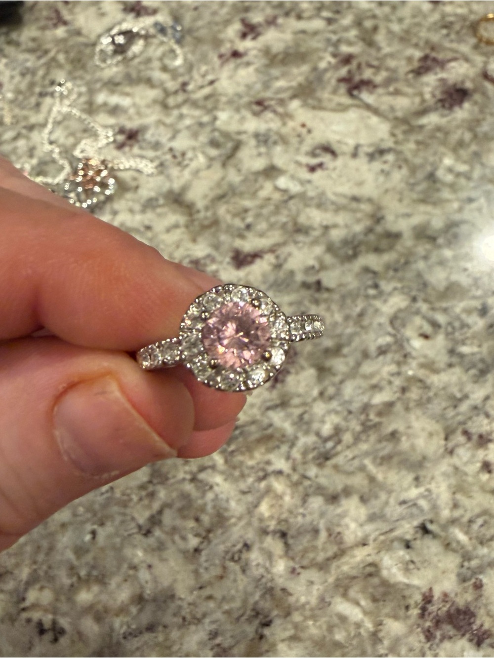 Sparkling Pink Halo Ring with Pavé Band - Women Jewelry